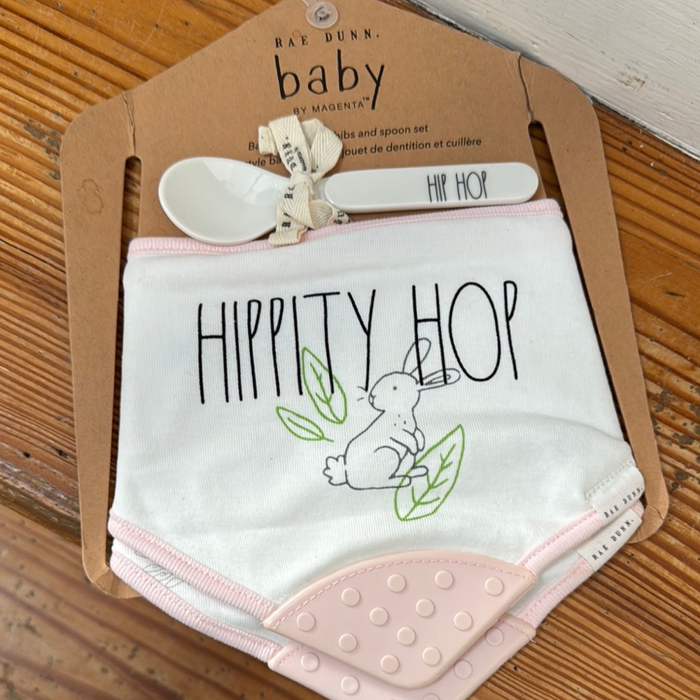Rae Dunn Easter spring hip hop pink bunny bandanna bib and spoon set new NWT